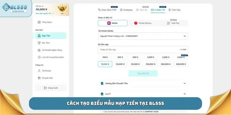 Cách tạo biểu mẫu nạp tiền tại BL555